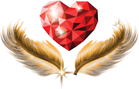 A red heart with two golden feathers on it.